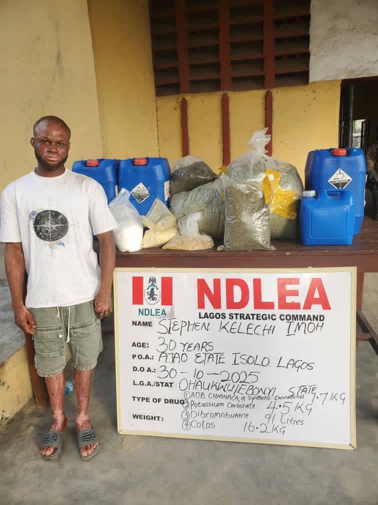 NDLEA Uncovers Colos Factory in Lagos, Arrests Music Artist in Nationwide Drug Raids