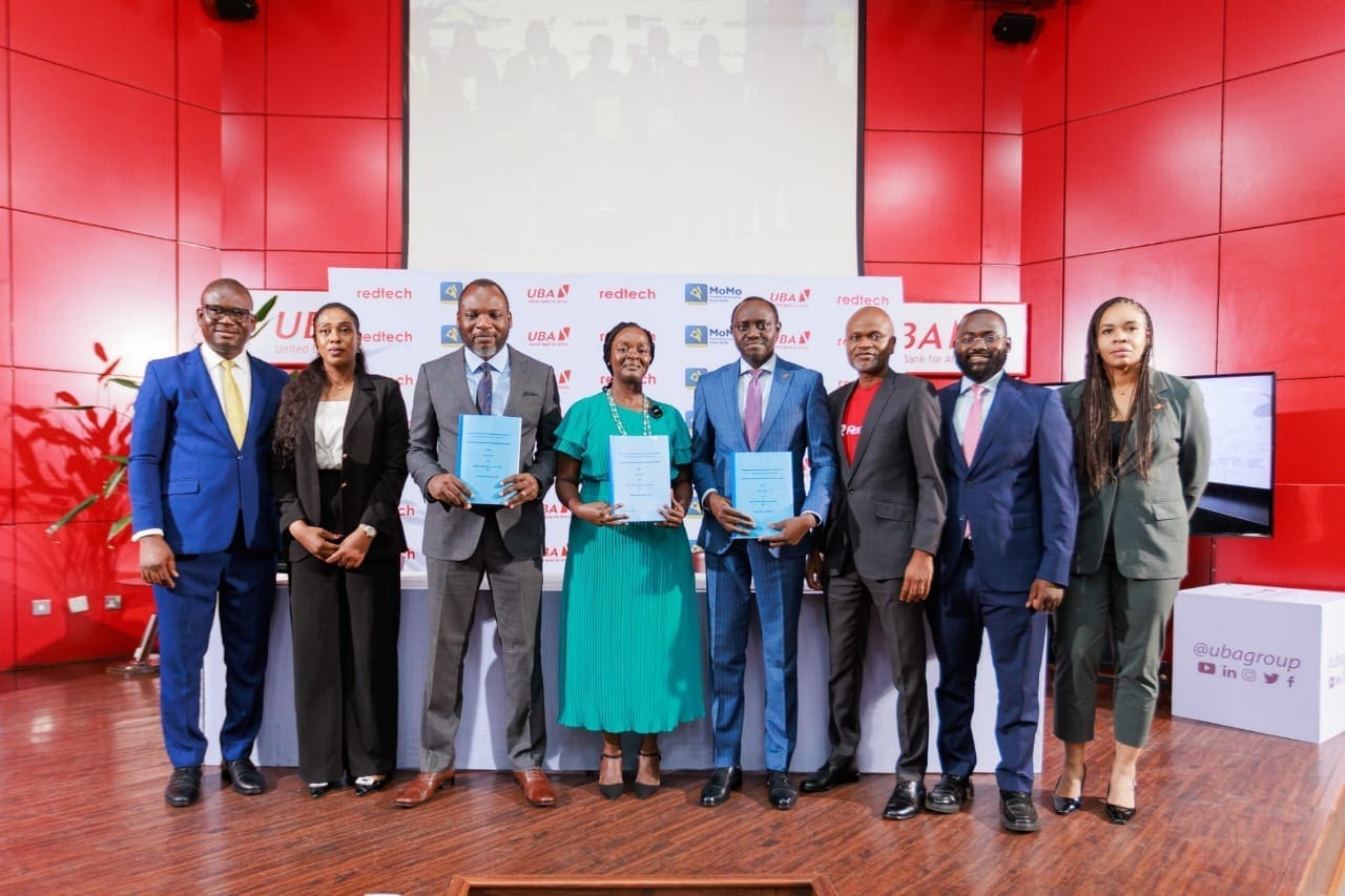 L-r: Manager, Partnership & Ecosystem, MTN/MoMo PSB, Emmanuel Akhigbe; Head Human Resource,MTN/MoMo PSB , Rabi Adetoro; Managing Director/ CEO, Redtech Limited, Emmanuel Ojo; Chief Executive Officer, MTN MoMo, Omolara Michael Nwadu; Group Head, Digital Banking, United Bank for Africa(UBA), Olukayode Olubiyi; Head of Sales, MTN/MoMo PSB, Lanre Raheem; Head, Business Development,MTN/MoMo PSB, Ahmad Turajo; and Group Head, Marketing and Corporate Communications, UBA, Alero Ladipo, during the launch of payment interoperability partnership targeted at expanding cardless payment access for consumers and merchants across Nigeria and Africa, powered by Redtech, MoMo PSB and UBA at the UBA House Marina on Tuesday