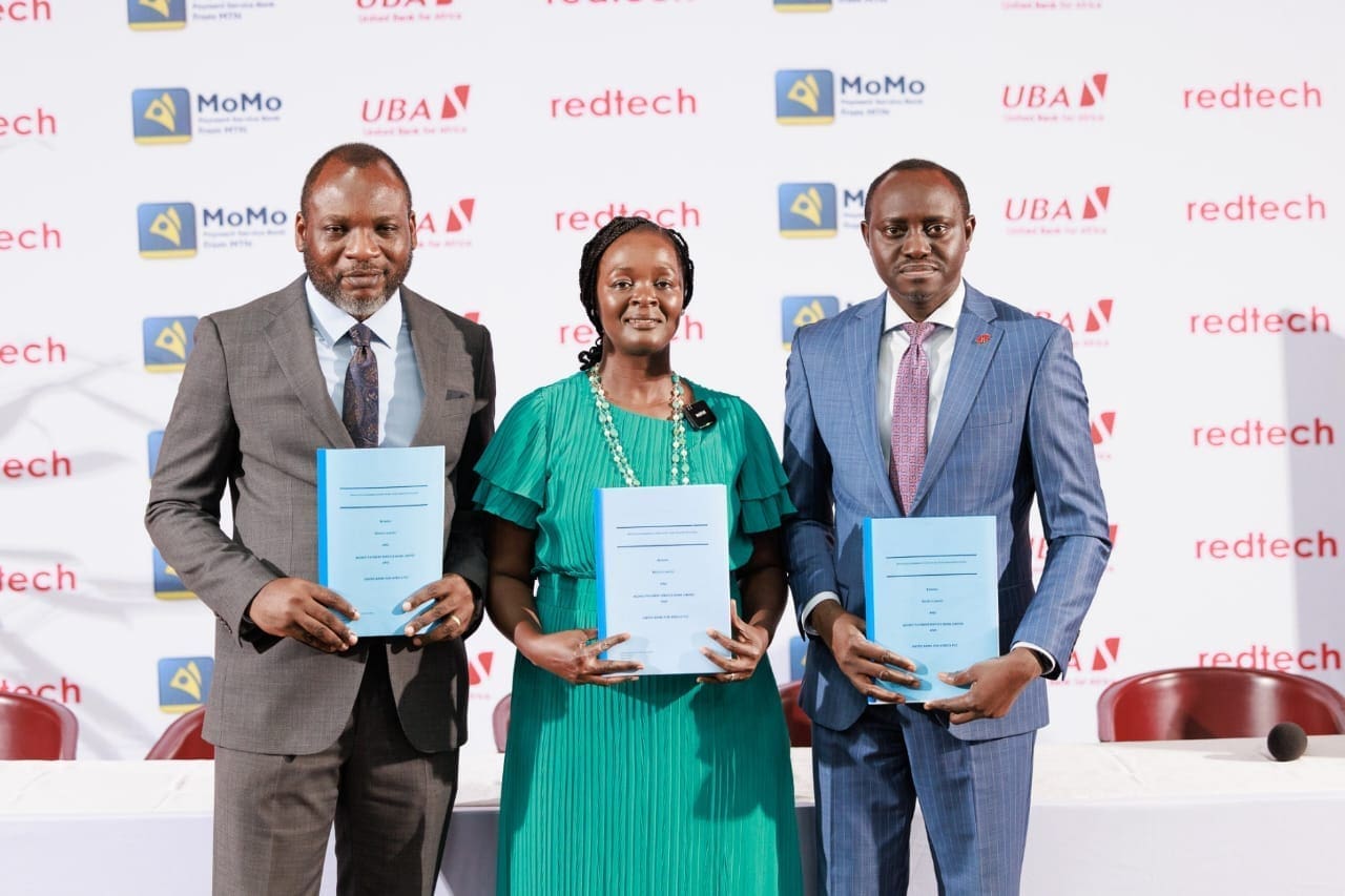 L-r: Managing Director/CEO, Redtech Limited, Emmanuel Ojo; Chief Executive Officer, MTN MoMo, Omolara Michael Nwadu; and Head Digital Banking, United Bank for Africa(UBA), Olukayode Olubiyi, during the launch of payment interoperability partnership targeted at expanding cardless payment access for consumers and merchants across Nigeria and Africa, powered by Redtech, MoMo PSB and UBA at the UBA House Marina on Tuesday